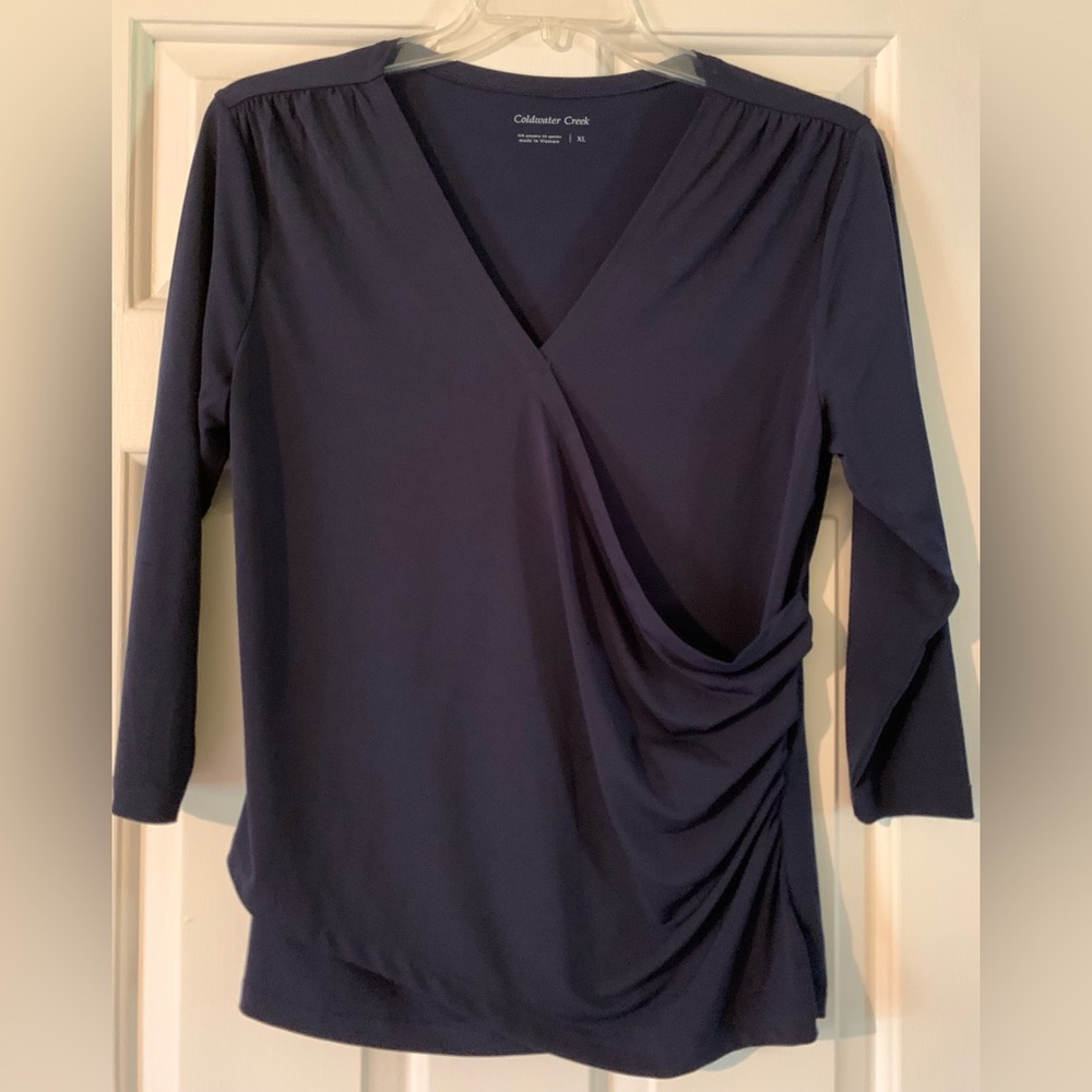 Coldwater Creek navy blue wrap 3/4 length v-neck wrap blouse - women’s s…